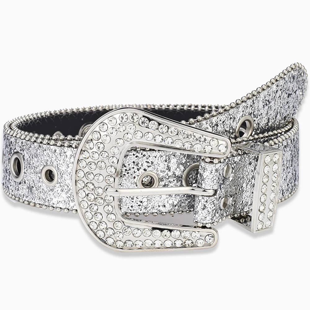 Y2K Punk Rock Belts for Women Girls Female Rhinestone Jeans Belt Sequins Fashion Accessories Silver Pink Waistband Western 3.8cm