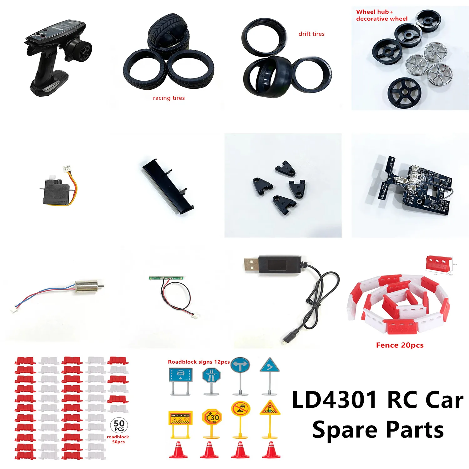 LD LD4301 RC Car Spare Parts Tire Hub Servo Motor Remote control Receiver board Swing arm Tail wing USB Sign Roadblock Fence