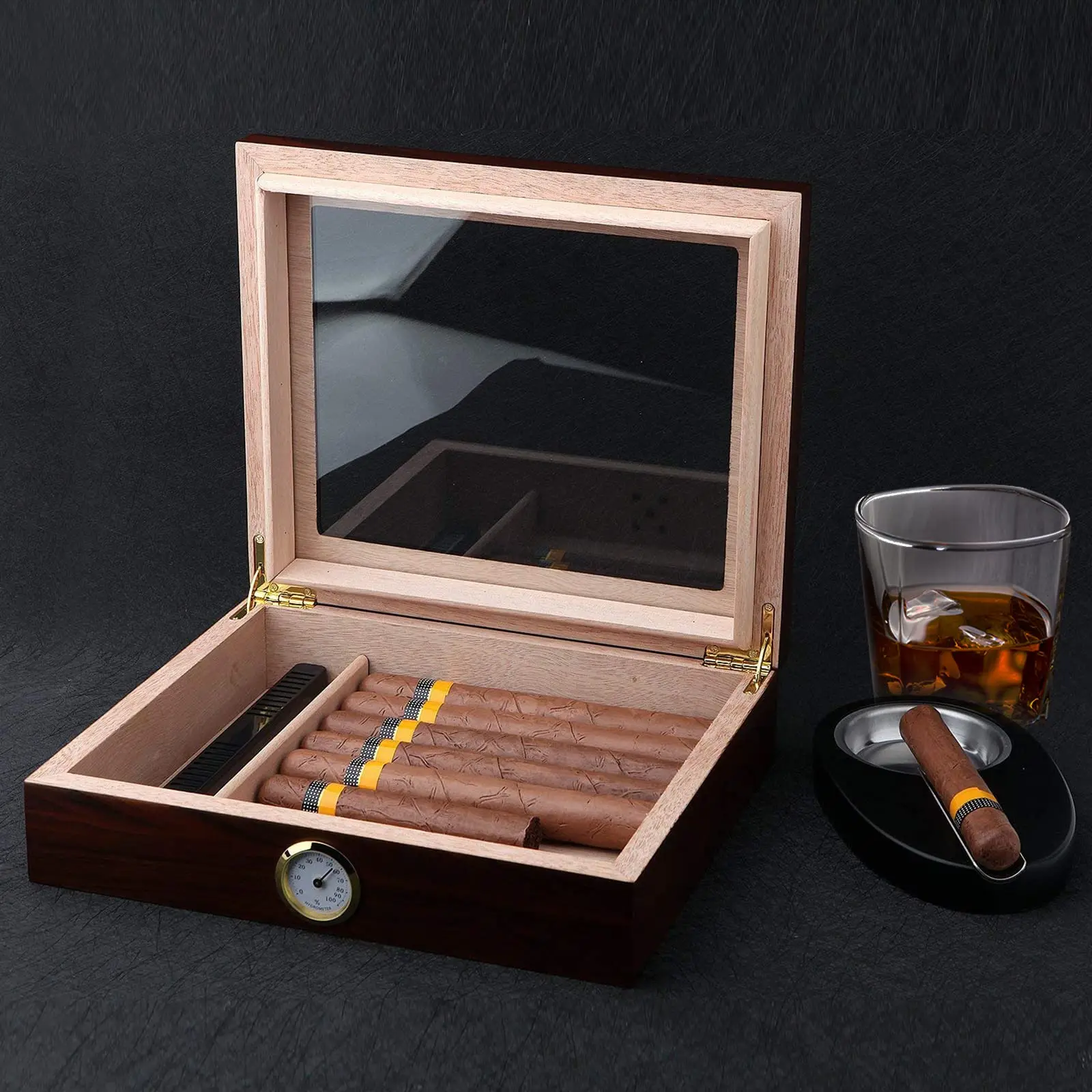 Cigar Humidor Storage Box Walnut Handmade Cigar Moisturizing Organizer Humidifier Hygrometer Glass Top For 25 Cigars