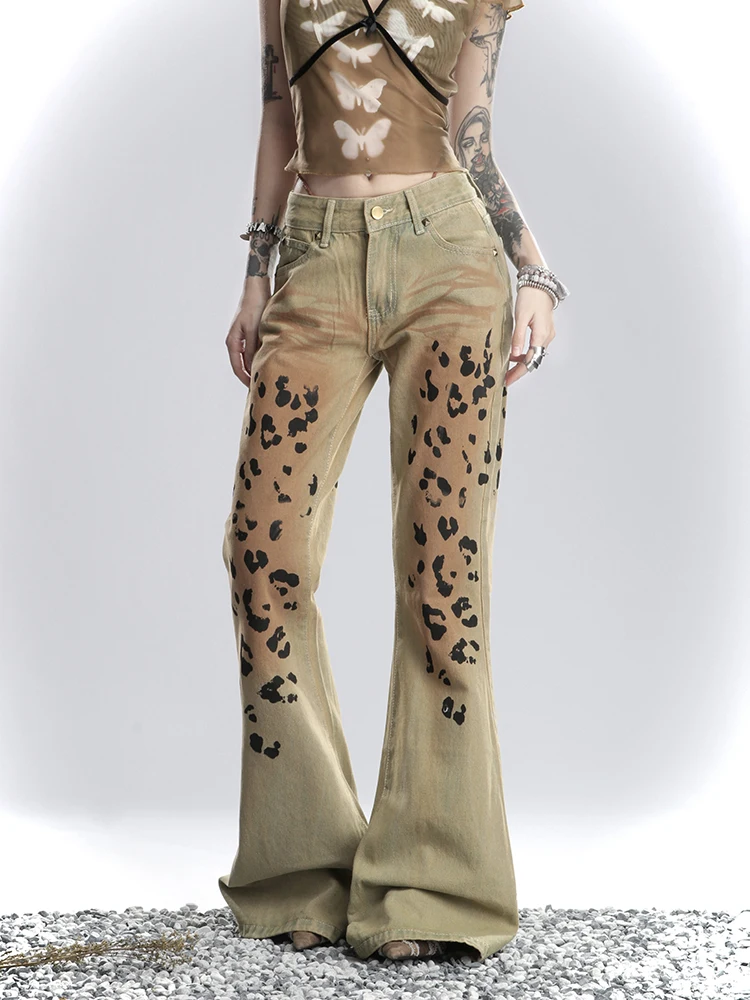 American High Street Washed Leopard Print Jeans Women Summer New Design Sense Niche Vintage Flared Pants