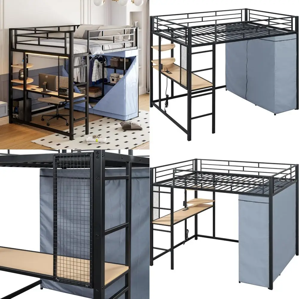 Metal Full-Size Loft Bed with Desk, LED Lights & Storage