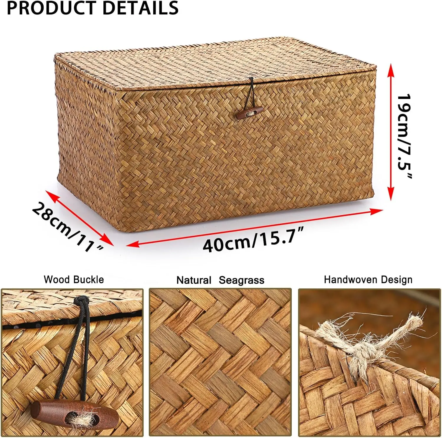 Wicker Shelf Baskets Bin with Lid, Handwoven Seagrass Basket Storage Bins Rectangular Household Basket Boxes for Shelf Wardrobe