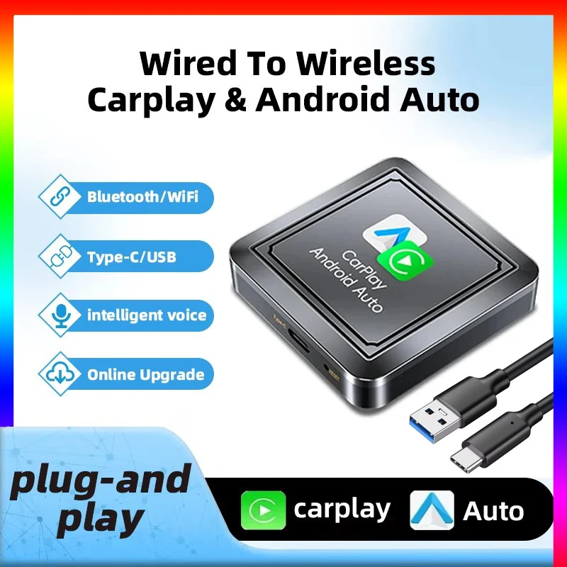 2in1 Wireless CarPlay Dongle Android Auto Car AI Box V5.0 Wifi CarPlay Adapter Type C USB 2 Cables Wired CarPlay to Wireless