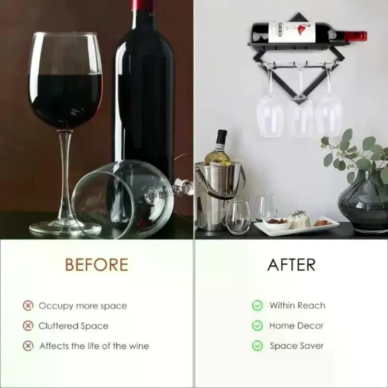 Wall Mount Wine Rack Set Matte Gold Metal Shelf with Bottle & Glass Holder for Luxury Home Bar Dining Room Decor
