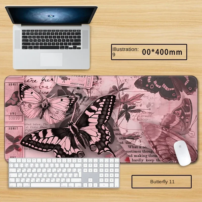 Pink high-looking butterfly mouse pad 400x900 non-slip and wear-resistant rubber base with stitched edge keyboard Rug for office