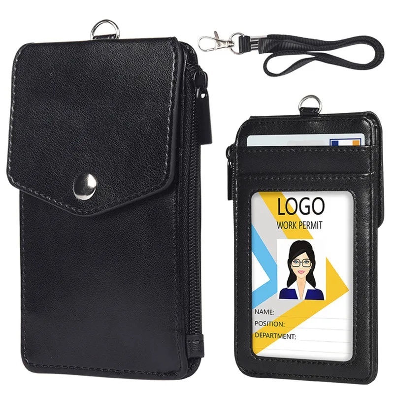 1PC Women Men Work Credit Card Holder Wallet With Neck Strap Zipper Hasp Student Staff ID Card Bus Desk Organizer Purse