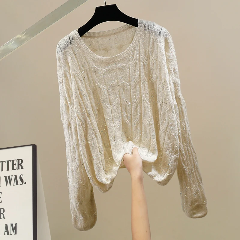 

Faionable Knitted Sweater with Heavy Rhinestone Long Sve Twist Decor Design Sense Versatile Knitwear Autumn Warmth