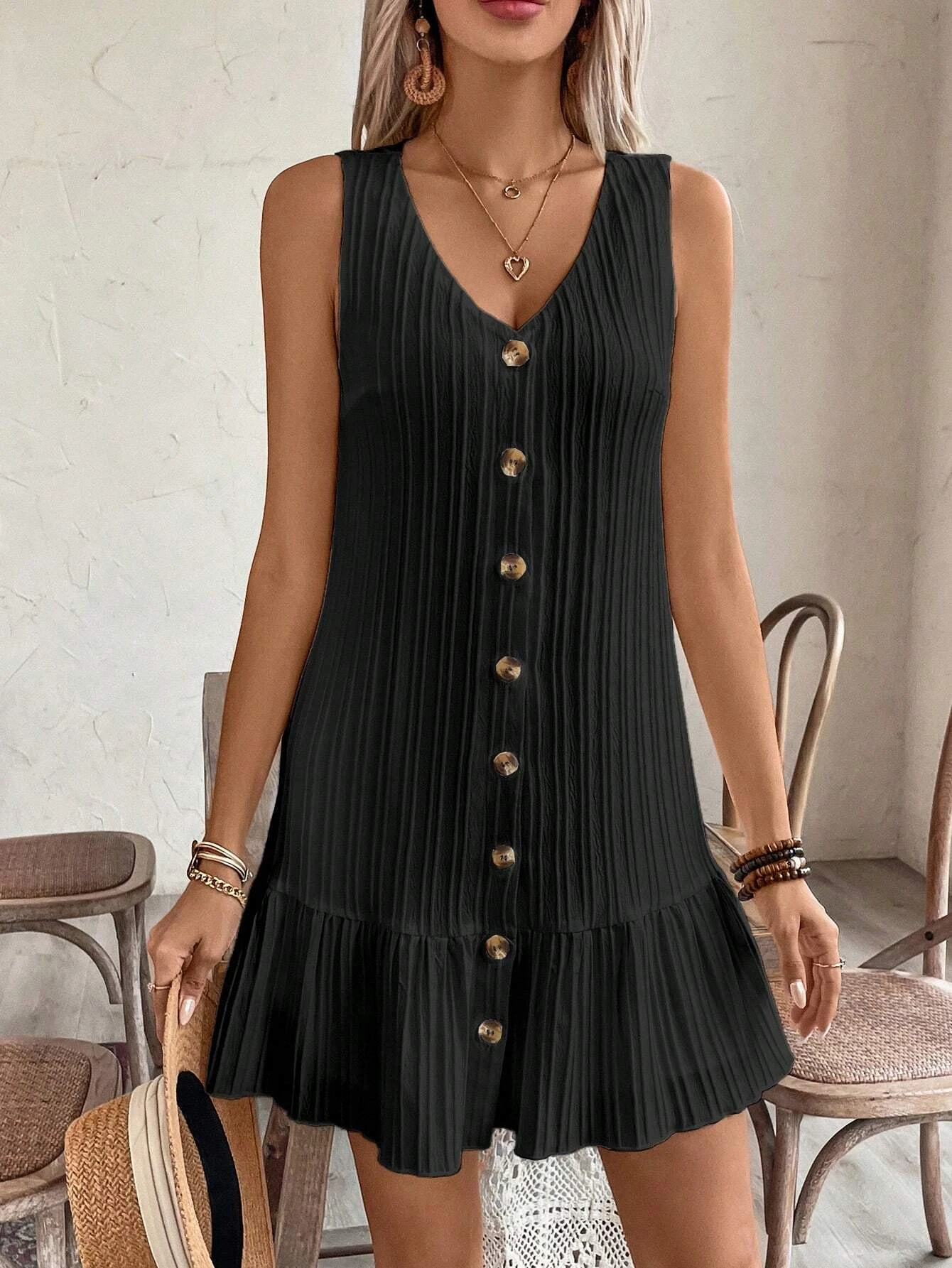 1-teiliges elegantes Sommerkleid mit V-Ausschnitt, A-Linien-Design, bequem und atmungsaktiv, mit Lotusblattrand, großartig und elegant. – Detail 14