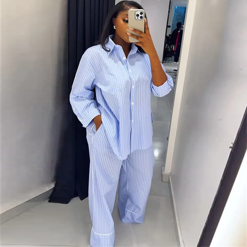 

2025 летняя новая женская свободная рубашка в синюю полоску с длинным рукавом, повседневный комплект с широкими брюками