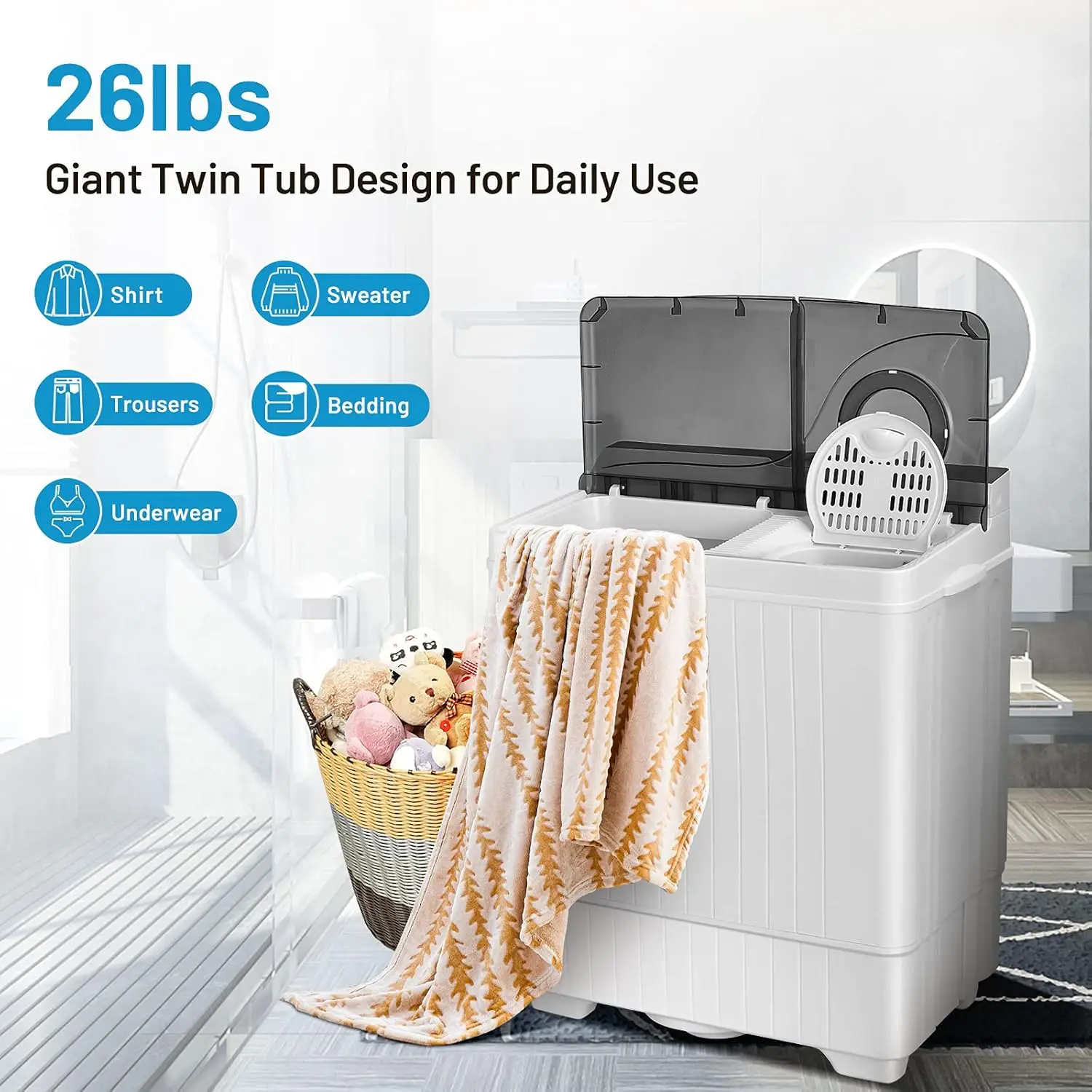 Washing Machine Semi-automatic Twin Tub Washer with Spin Dryer 26lbs Capacity Built-in Drain Pump Portable Laundry Washer