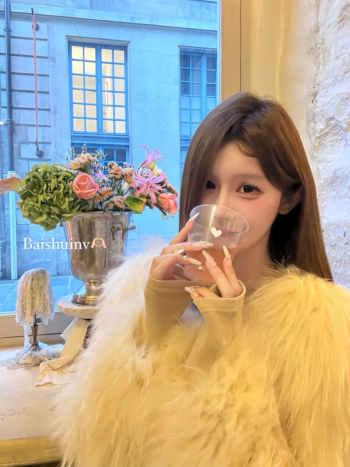 

Young Women's Double-sided Weave Fur Coat White Water Lady Korean Sle Loose Fit Long Sve ort Faionable