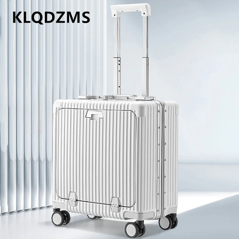 KLQDZMS Cabin Suitcase 18 Inch Small Boarding Case Front Opening Laptop Trolley Case Aluminum Frame with Wheels Rolling Luggage
