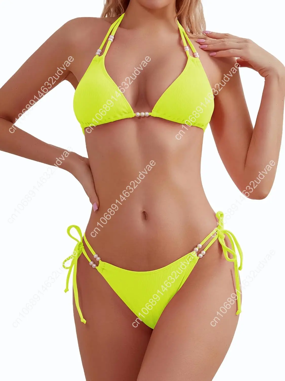 TASHEHE Women's Triangle String Bikini Set Sexy Tie Side Two Piece Swimsuit Cute Halter Bathing Suit