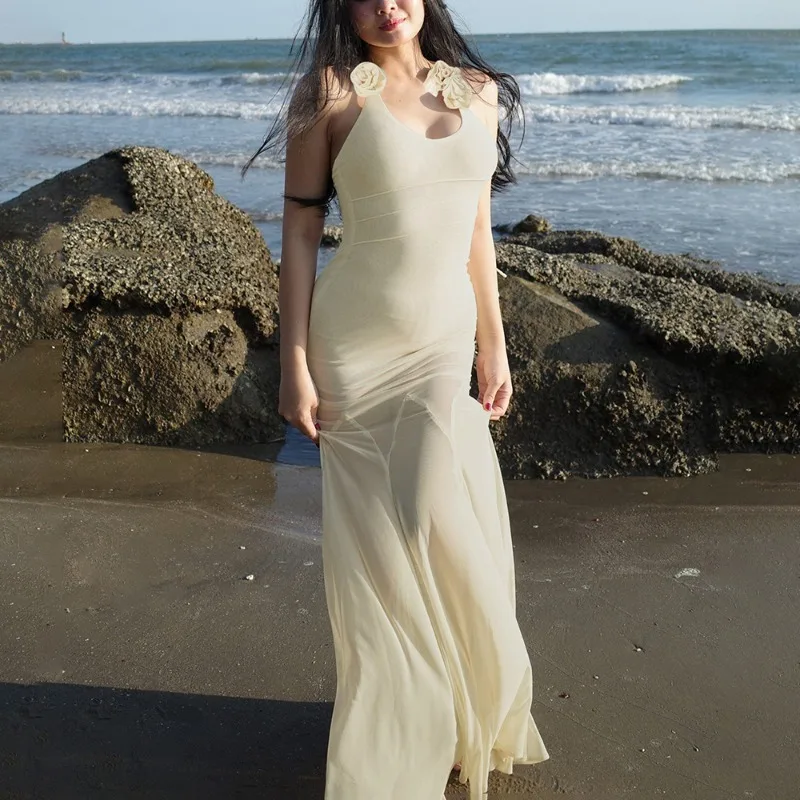 أنيقة السباغيتي الأشرطة فستان طويل الصيف مثير شبكة المرقعة الأزهار الرقبة فستان موضة انظر من خلال فستان سهرة المرأة