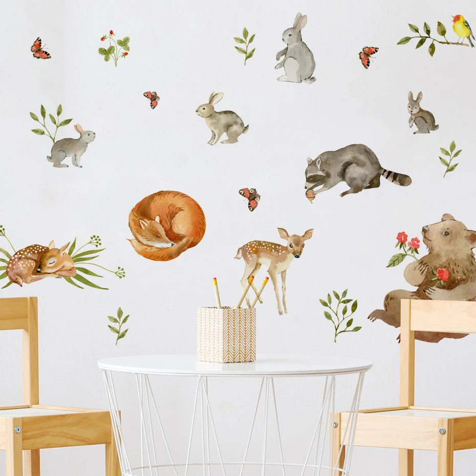 الكرتون الغابات الحيوانات الغزلان الثعلب الأرنب يترك المائية ملصقات الحائط للأطفال غرفة الطفل غرفة الحضانة جدار الشارات ديكور المنزل