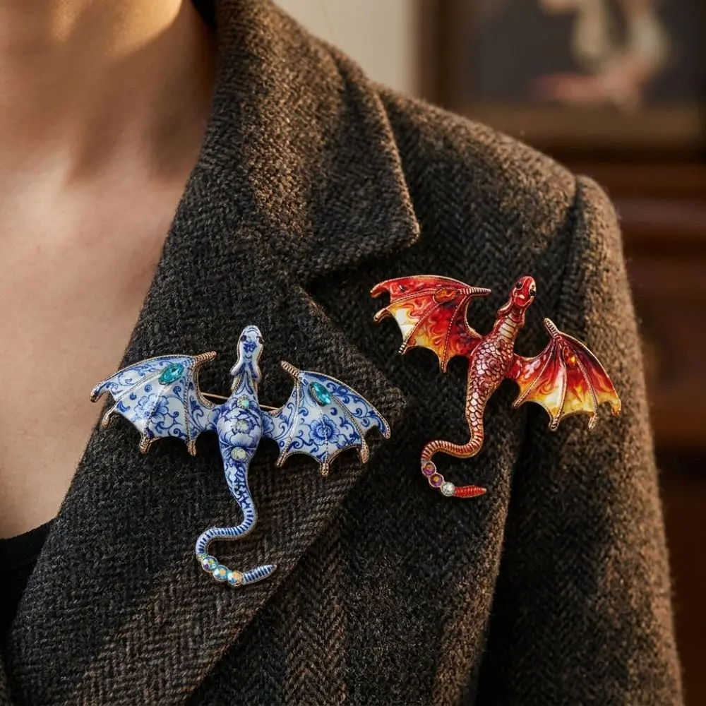 Zinc Alloy Enamel Flying Dragon Brooch Colorful Rhinestone Fantasy Dragon Animal Dragon Brooch Chinese Blue Porcelain Gothic