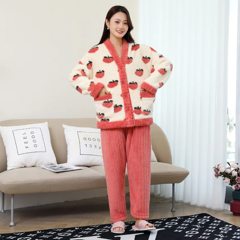 Autumn Winter Warm Flannel Women Pyjamas Set Peachthick Coral Velvet Long Sleeve Pajamas Set Leisure V-Neck Sleepwear for Lady