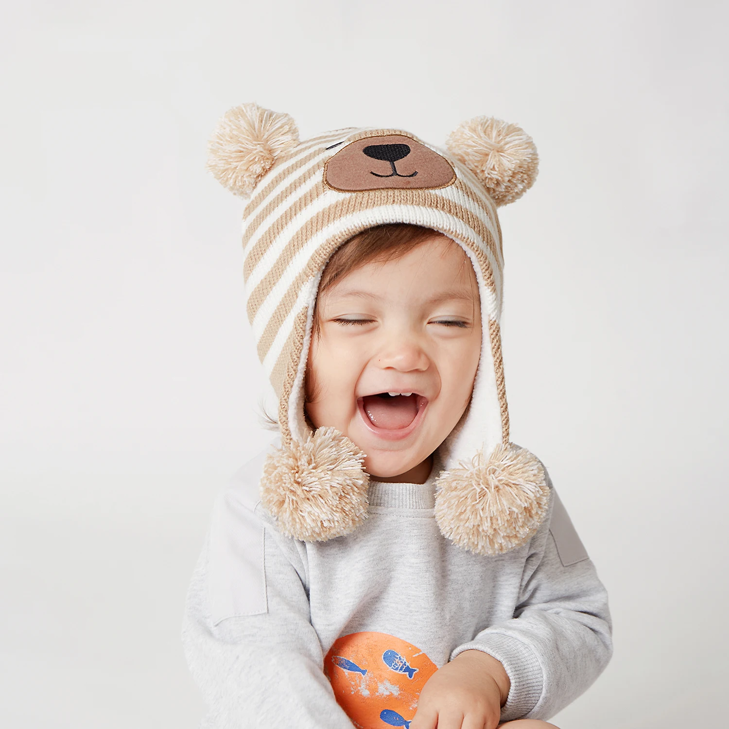 Baby Winter Warm Trapper Hat 0.5-4Y Infant Toddler Cartoon Bear Stripes Double Pompom Snow Hat Kids Fleece Lined Earflap Beanie