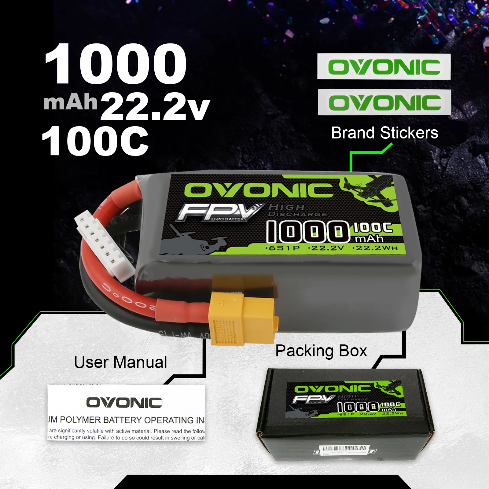 OVONIC 6S 22.2V 1000mAh 100C LiPo Battery Pack With XT60 Plug For Drone FPV Freestyle RC Airplane RC Helicopter RC Car  Truck