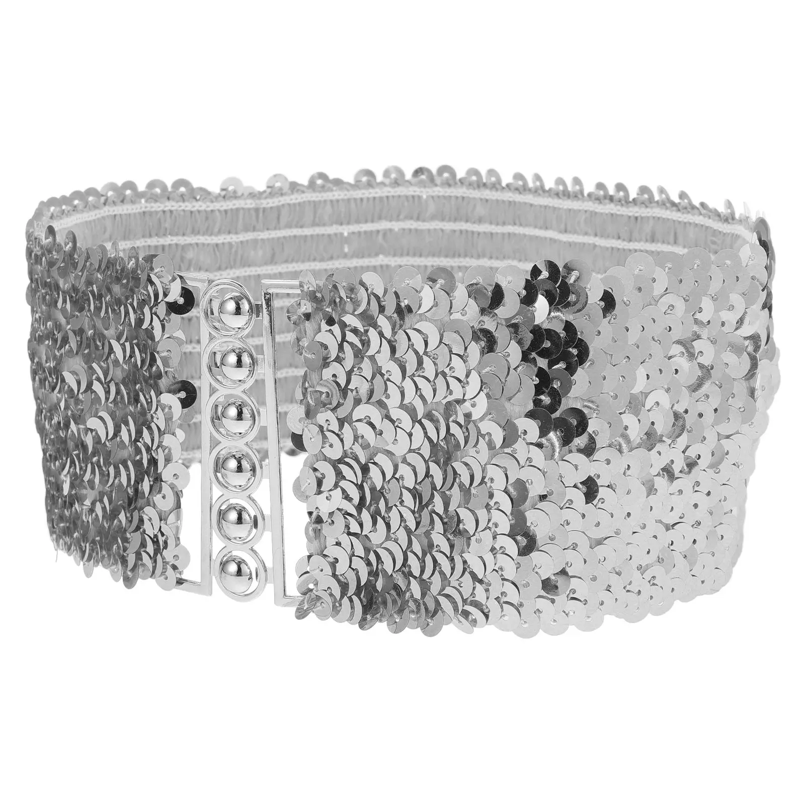 

Sequin Elastic Wide Dress Belt Fashion Stretchy Cinch Belt Silver Mirror buckle elastic belt Women Belts Dress Belts For Women