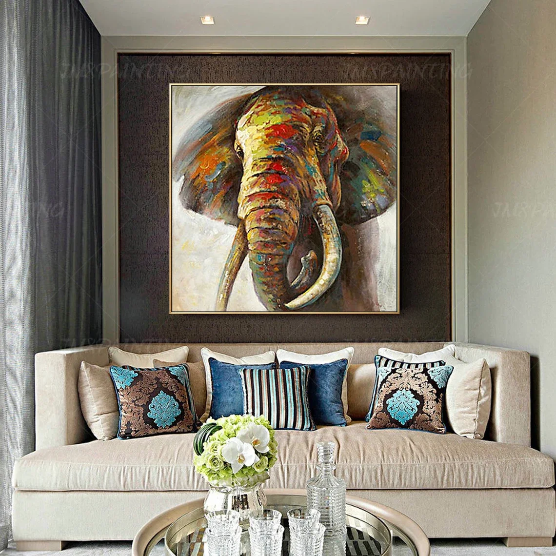 

Elephant Painting Hand Painted Impressionist Animal Wall Art Square Frame Wall Art Bedroom Home Decor