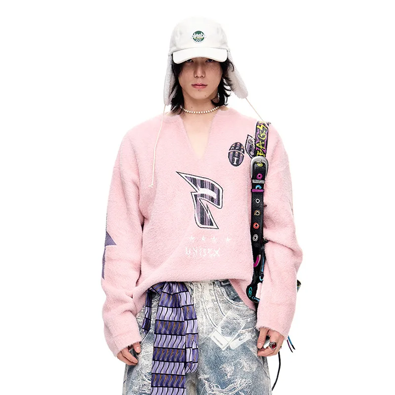 MWJLPWQ プリントフェイクファーVネックプルオーバーセーター メンズ ハイストリート グレー ユニセックス ニットウェア ルーズ カジュアル トップス 2025年秋新作 11206