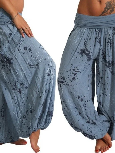 بنطلون فضفاض واسع الساق بطباعة التاي داي، خصر مرتفع مرن، مصنوع من ألياف البوليستر، بنطلون طويل مستقيم للنساء