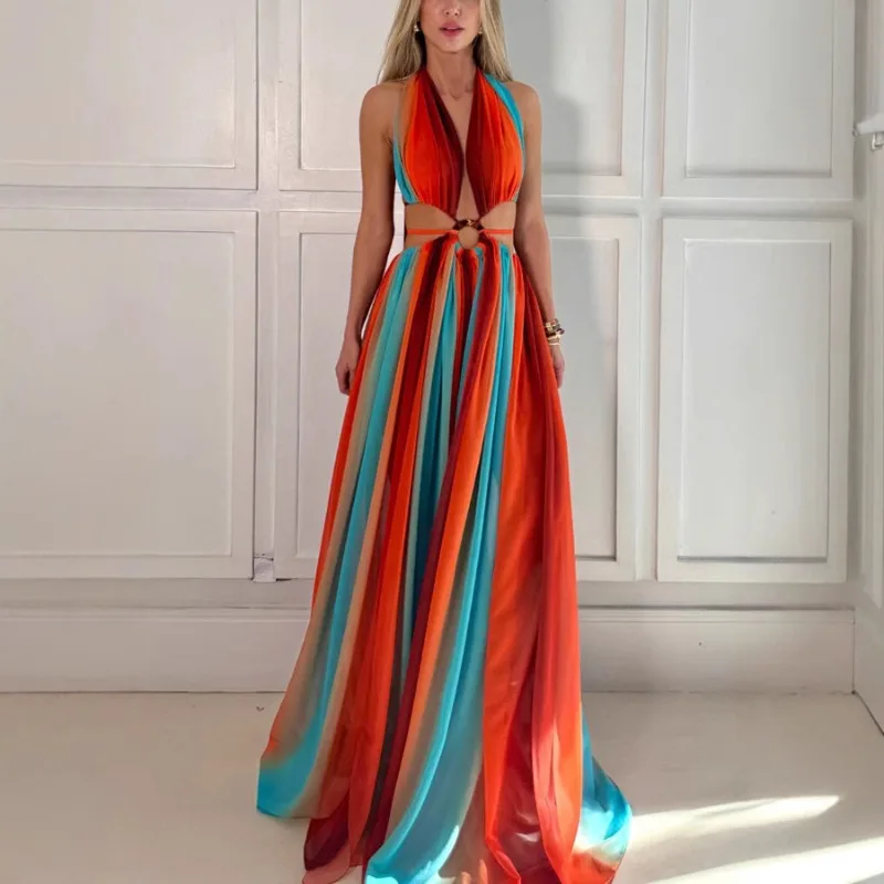 Seksowna Sukienka Maxi na Wakacje na Plaży w Kolorach Tęczy, Długa do Podłogi, Wiązana na Szyi, Bez Pleców, z Wycięciami, Szyfonowa, Plisowana, w Stylu Boho, Koktajlowa
