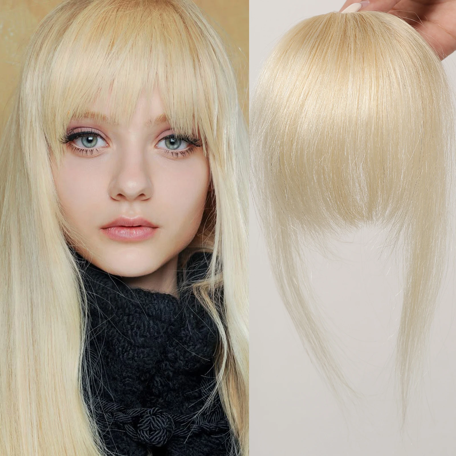 100% Poni Rambut Pirang Manusia Jepit Rambut Poni Tipis Platinum Di Poni Pinggiran dengan Potongan Rambut Kuil untuk Wanita Klip Di Udara Bang