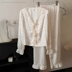 Polka Dots Ruffle Edge 2PCS Pajamas Set 2025 Spring Summer Ice Silk Sleepwear Women Gentle Long Sleeved V-Neck Loose Loungewear