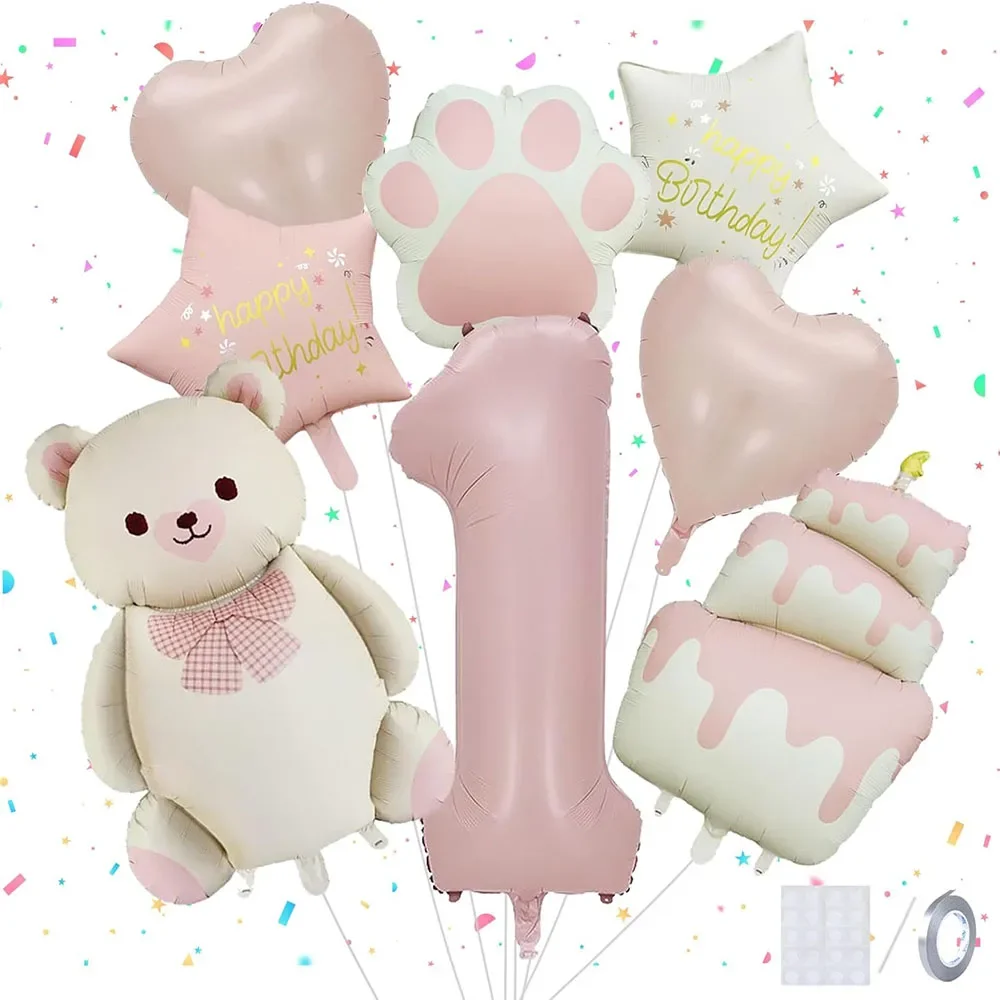 11pcs Pink Matte Bear Foil Balloon 40 Inch Baby Pink Number 1-9 Balloon Birthday Party Decoration Bear Theme Event Decorations
