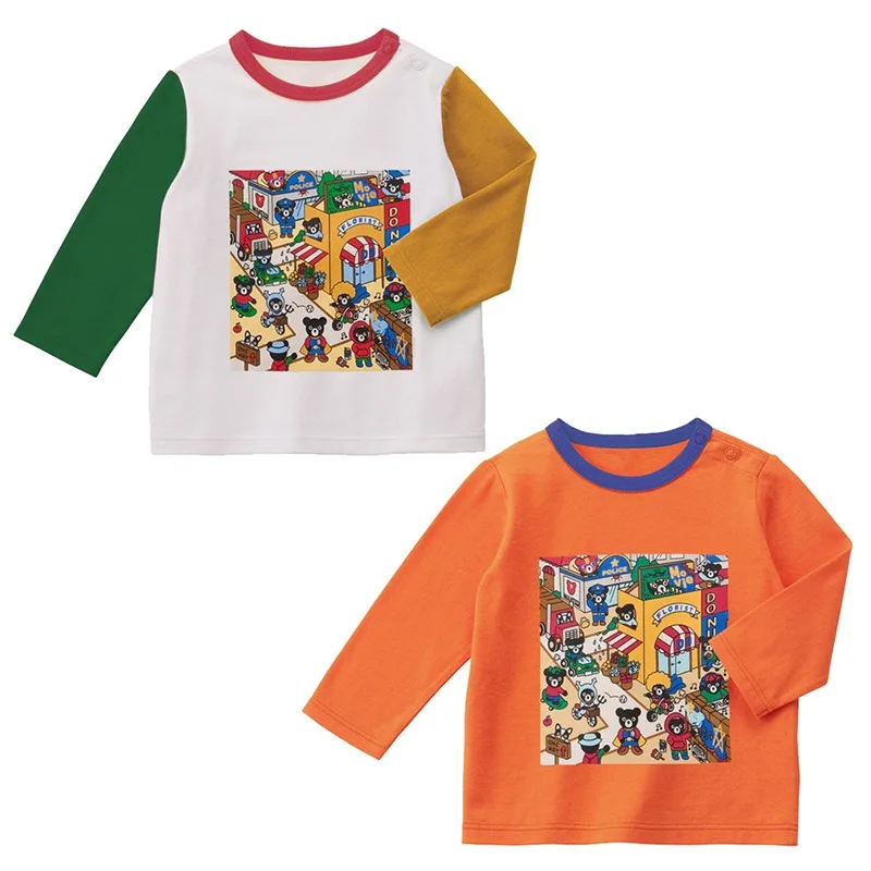 Autumn Japanese Style Kids Long Sleeve T-shirt Cartoon Black Bear T-Shirts Color Block Crew Neck Tops Baby Casual Basic Shirts