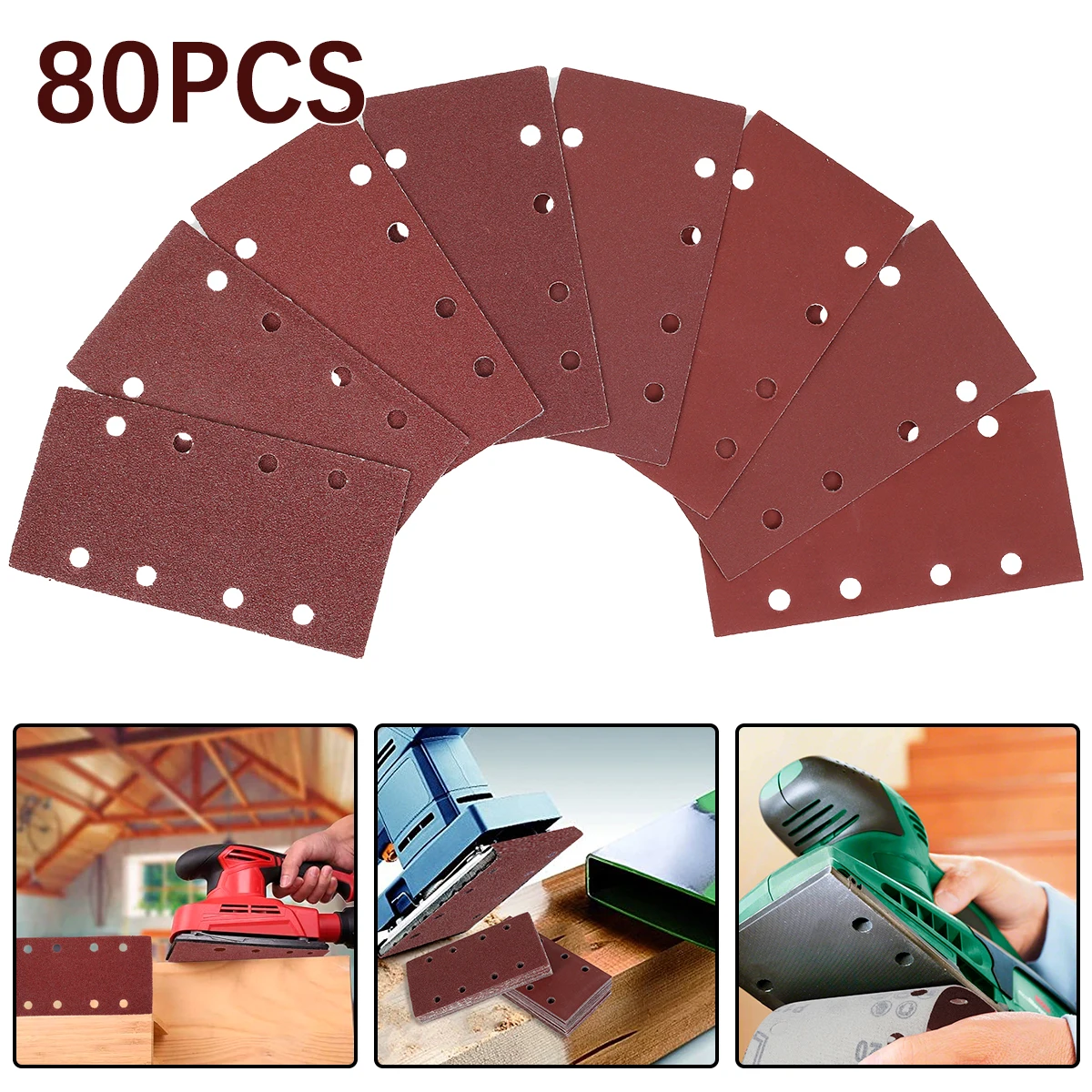 80Pcs Rectangular Sander Paper Aluminum Oxide Hook and Loop Sandpaper Anti-Static 8 Holes Sanding Pads 40-400 Grit Polishing Pad