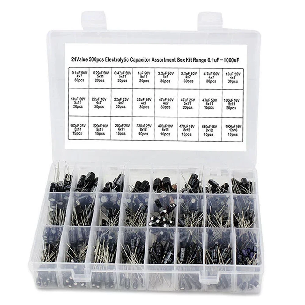 500Pcs Electrolytic Capacitor Assortment Kit 0.1uF-1000uF 24 Kinds Electronic Components Set with Storage Box