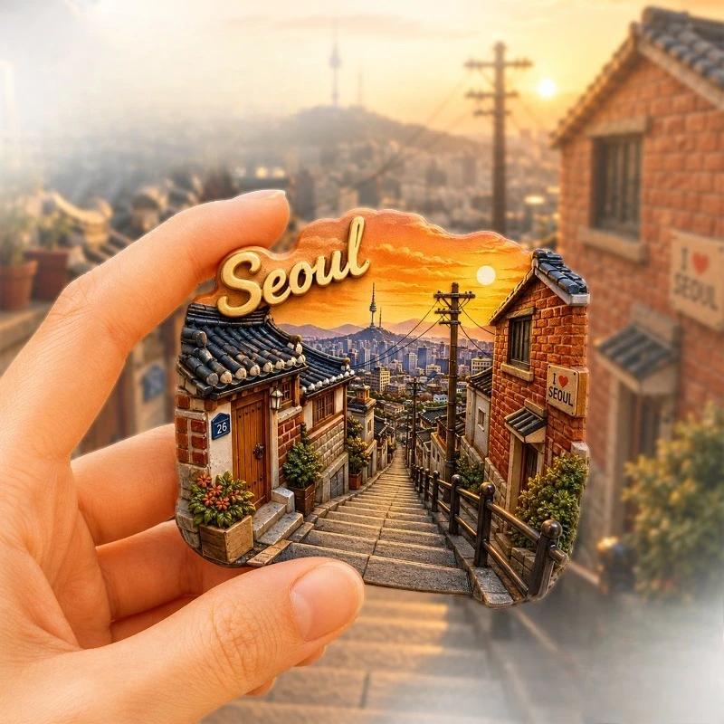 Seoul Old Street Sunset Fridge Magnet - Picturesque 3D Korean Souvenir Unique City Travel Gift for Nostalgic & Urban Decor