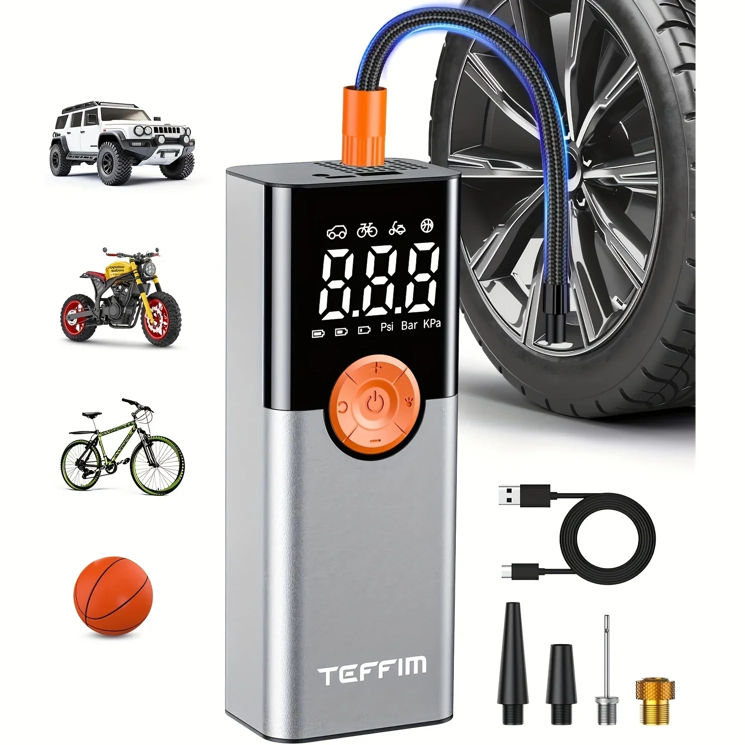 

Compact and Versatile 150 PSI Tire Inflator with Digital Pressure Gauge and LED Light - Convenient Air Pump for Cars, Motorcycle