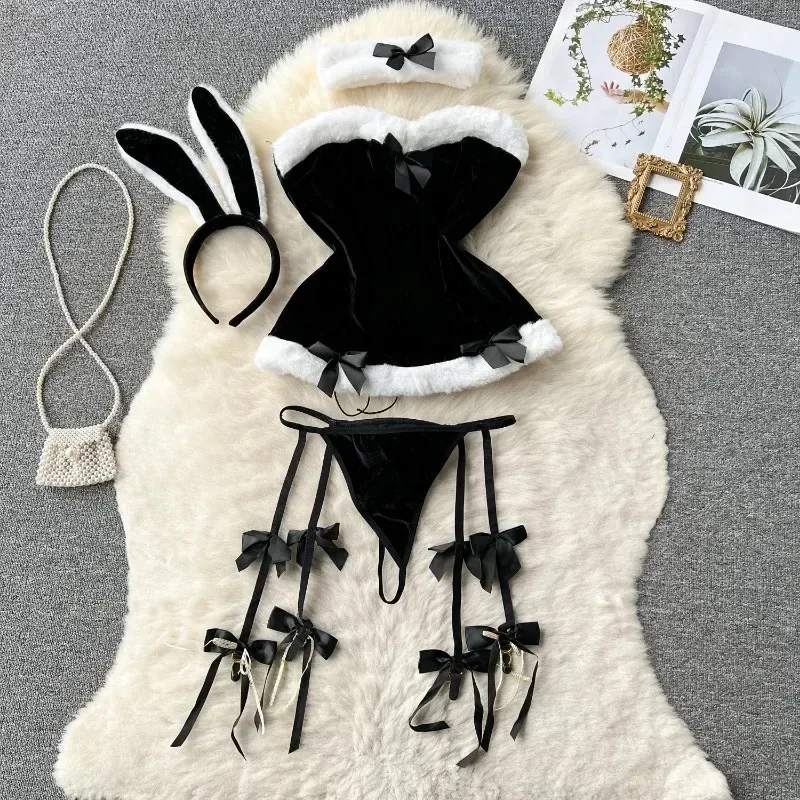 AA wat Sweet Bunny Christmas Women Nightgowns Soft Velvet Off Shoulder Cute Rabbit Dress Sexy Lingerie Fo2025 New