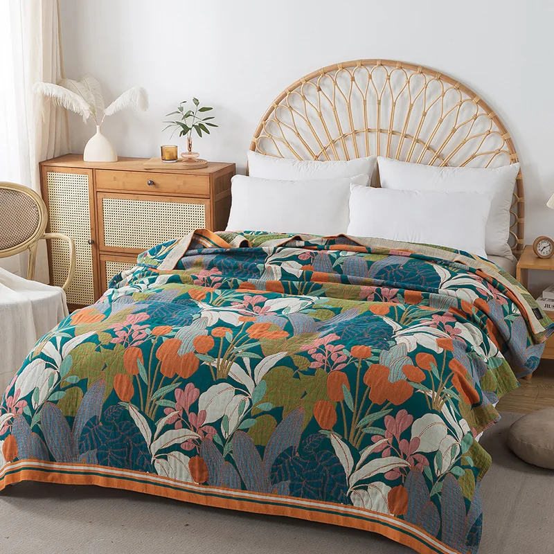 Cotton Gauze Blanket 4 Layer Of Terry Quilts AB Side Tulip Pattern Bedspreads And Coverlet Single Double Bed Cover Quilit Sheet