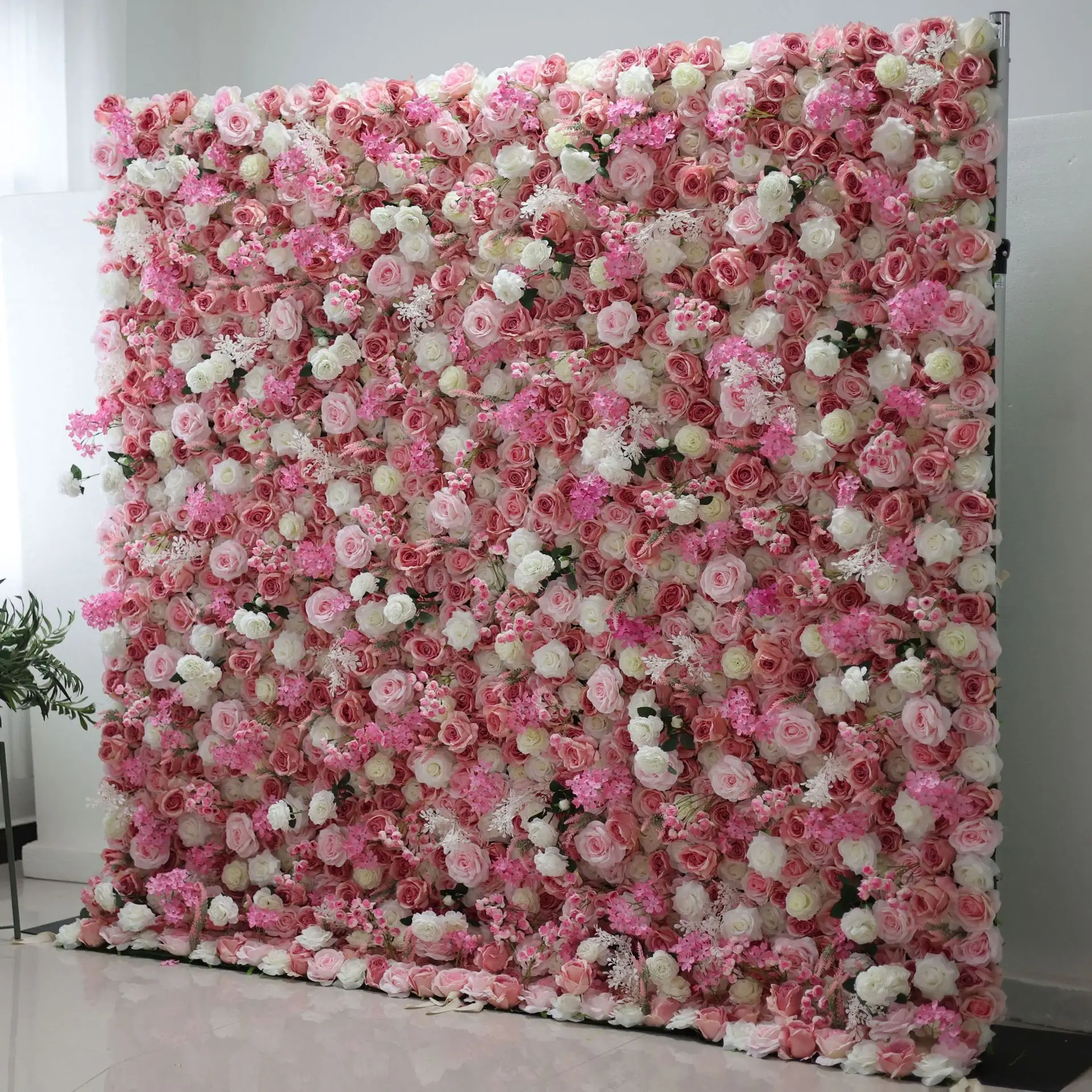 Custom deluxe 3D pink and white roses, artificial flower wall, outdoor wedding background decoration,birthday event stage layout