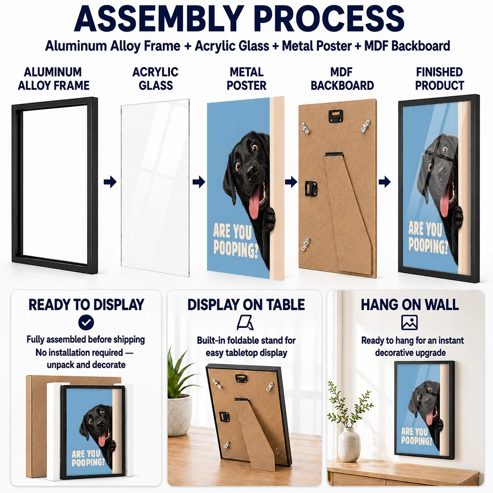 Are You Pooping Black Labrador Retriever Framed Metal Print Personalized Photo Funny Cartoon Style Wall Art For Guest Bathroom
