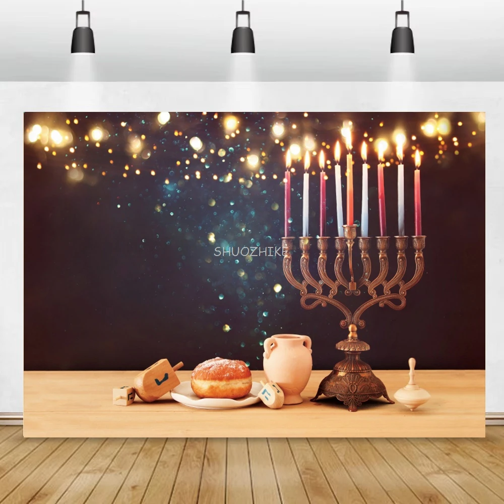 Happy Hanukkah Chanukah เทศกาลปาร์ตี้ Menorah เทียนขนมปังซีเมนต์ผนังโปสเตอร์ภาพพื้นหลังการถ่ายภาพฉากหลัง