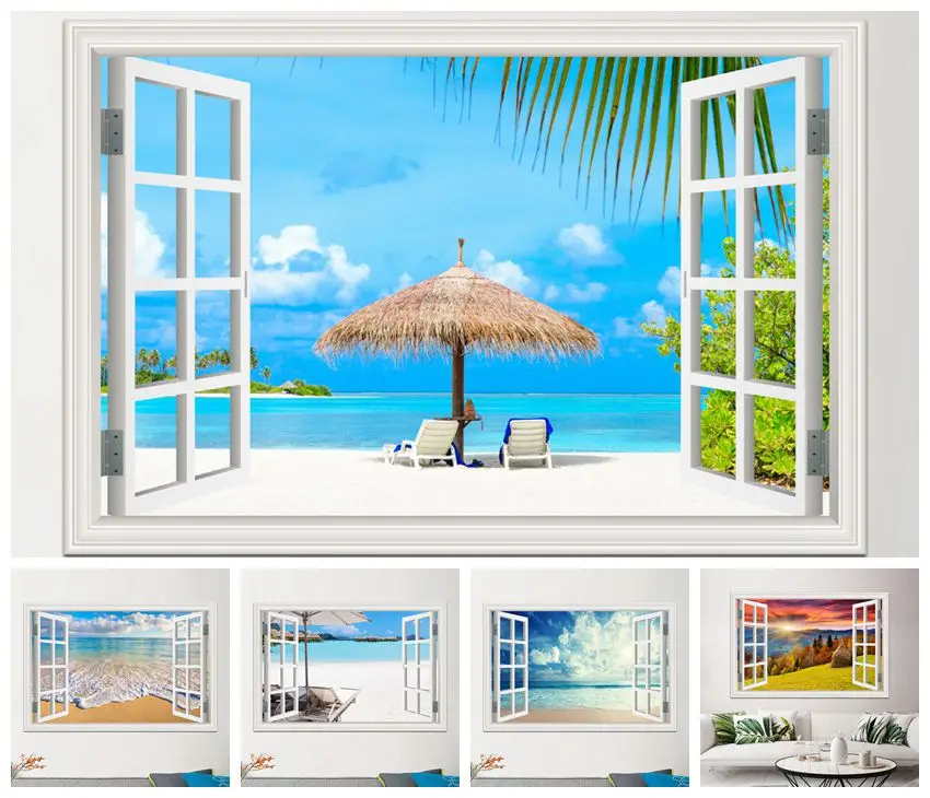 3D Window View Wall Sticker Beach Summer Beach Coconut Tree Wall Murals Removable Print Art Canvas Poster for Living Room Pictur