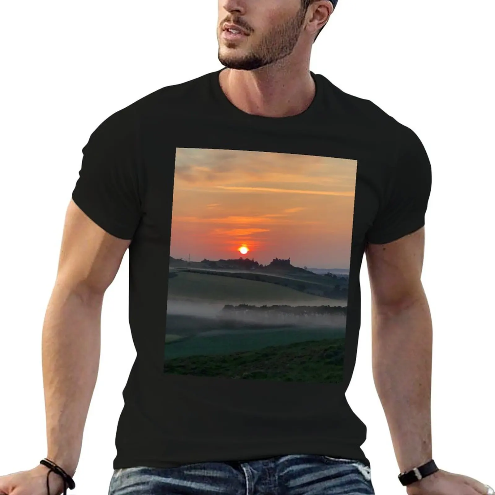 Misty morning glow over Hume Castle near Kelso, Scottish Borders T-Shirt Basic Plain Tee for Spring and Summer