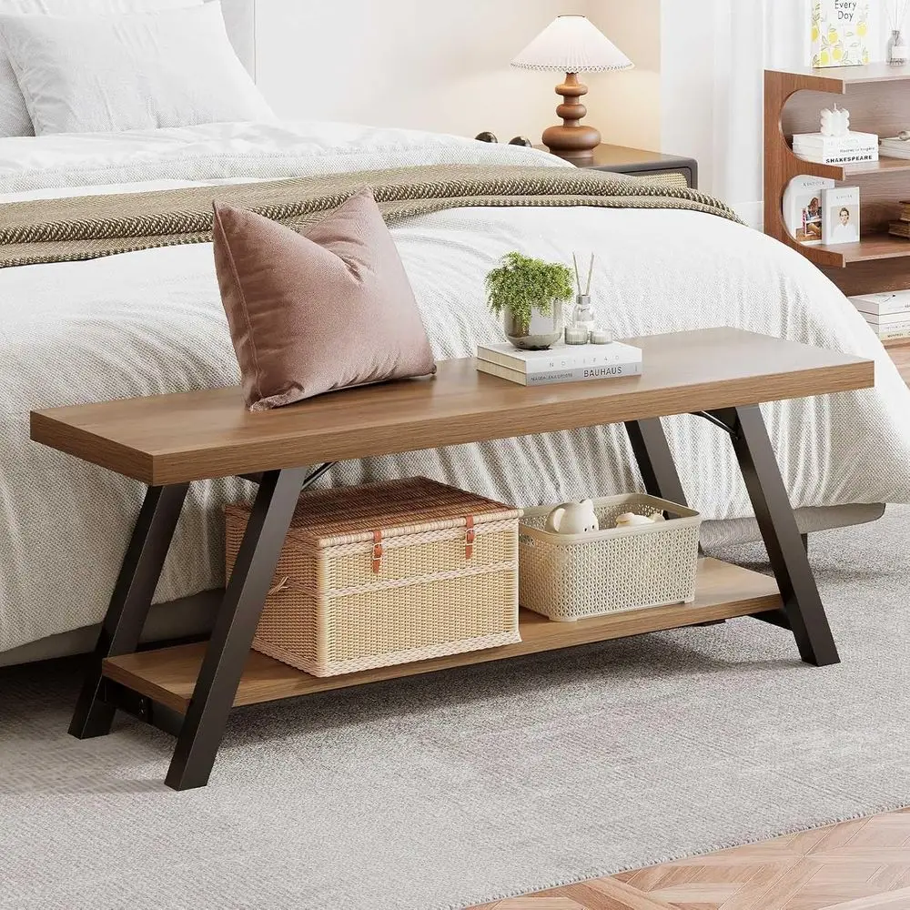 Banco de entrada rústico de roble para granja, 47 asientos largos de almacenamiento de madera y metal para sala de estar y comedor