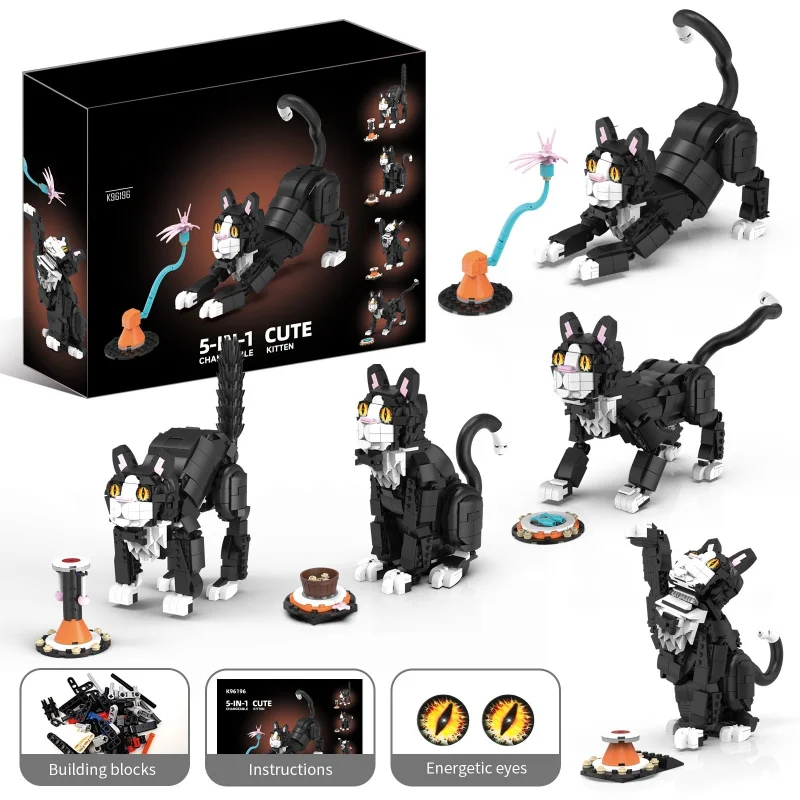 

5-in-1 Cat Tuxedo Kitten Building Blocks Set Cute Cat Model Collectible Building Toy, Gift for Children Adults and Animal Lovers