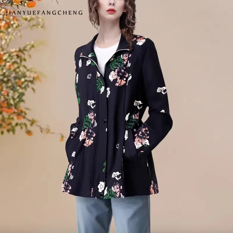 2025 Autumn New Women' Hooded Sports Jacket Lengthened Floral Printed Black Windproof Casual Coat