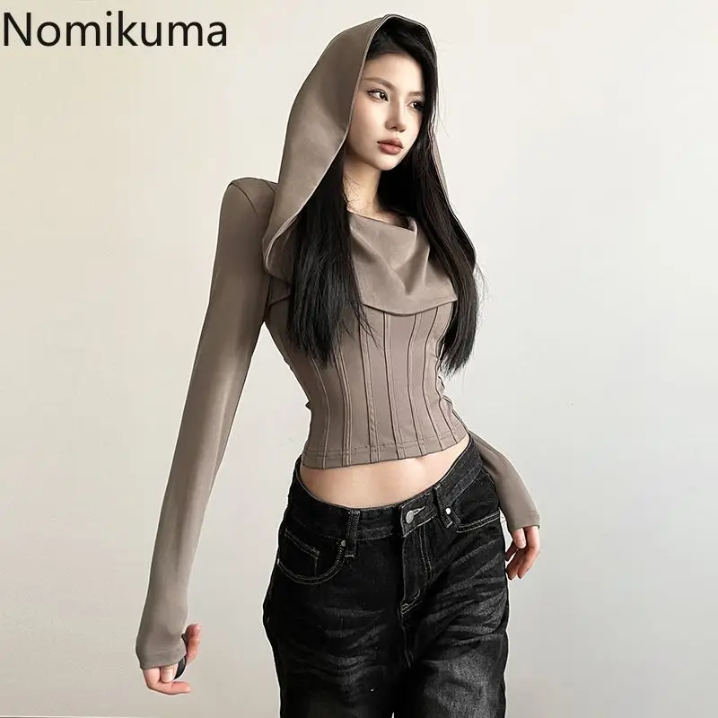 Camiseta Harajuku Y2k para Mujer, Túnica de manga larga con capucha, Color sólido, moda coreana Sexy, 2024