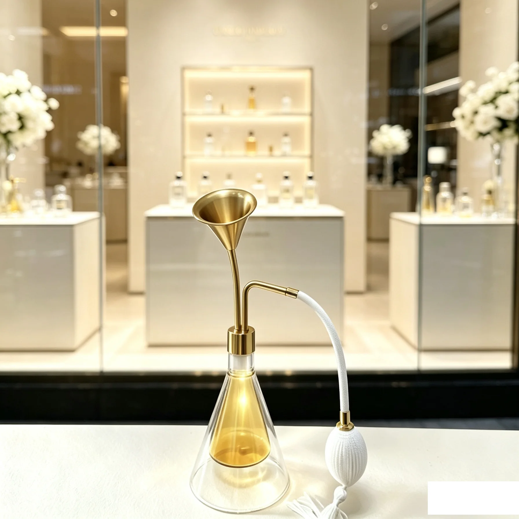 HAOCHEN  80ml Custom logo double layer glass perfume tester bottle brass white air pump perfume essential oil display stand