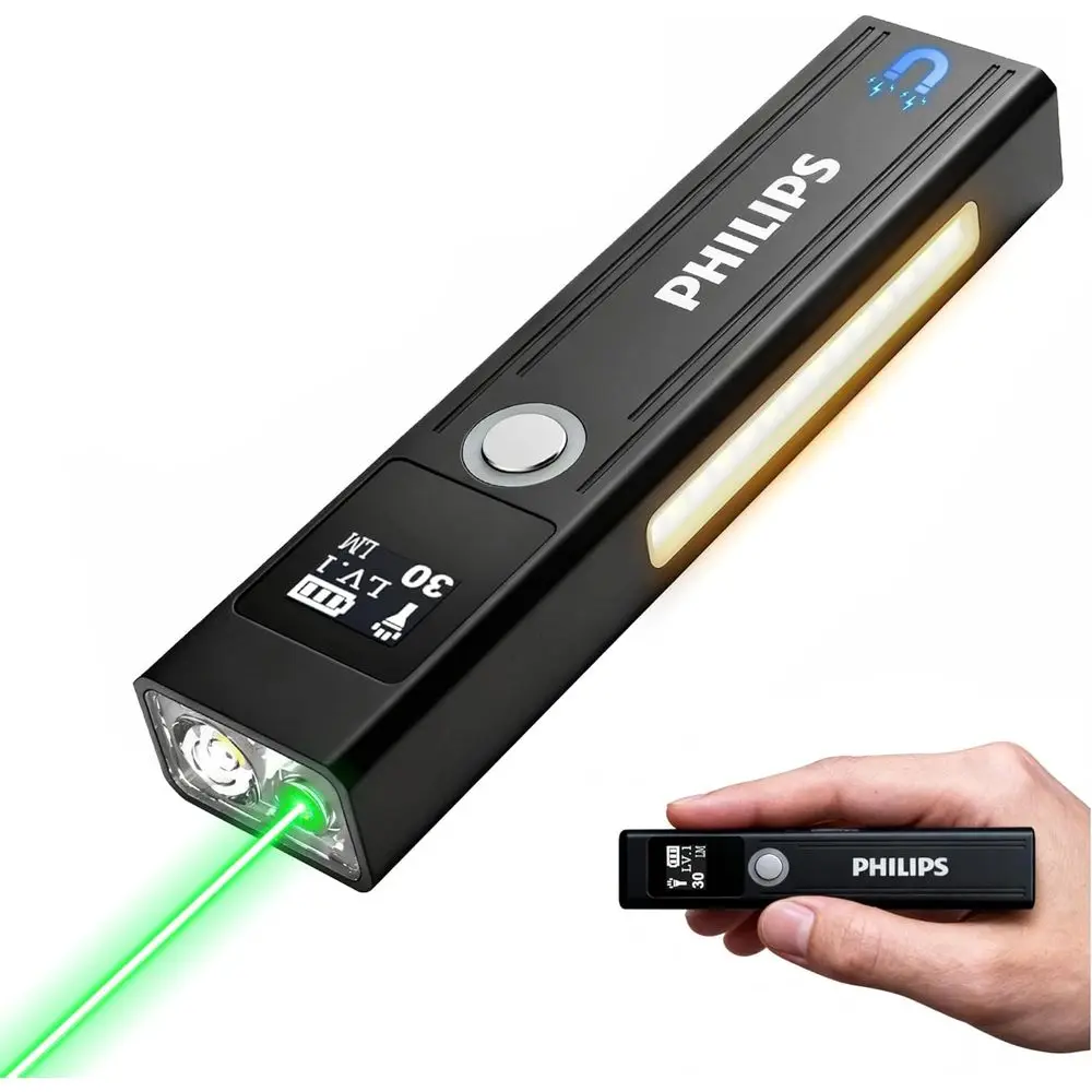 

Rechargeable EDC Lat Lashlight with Green Laser, Warm and White LED Combo, 1200 High Lumens Aluminium Portable Key Lights with 9