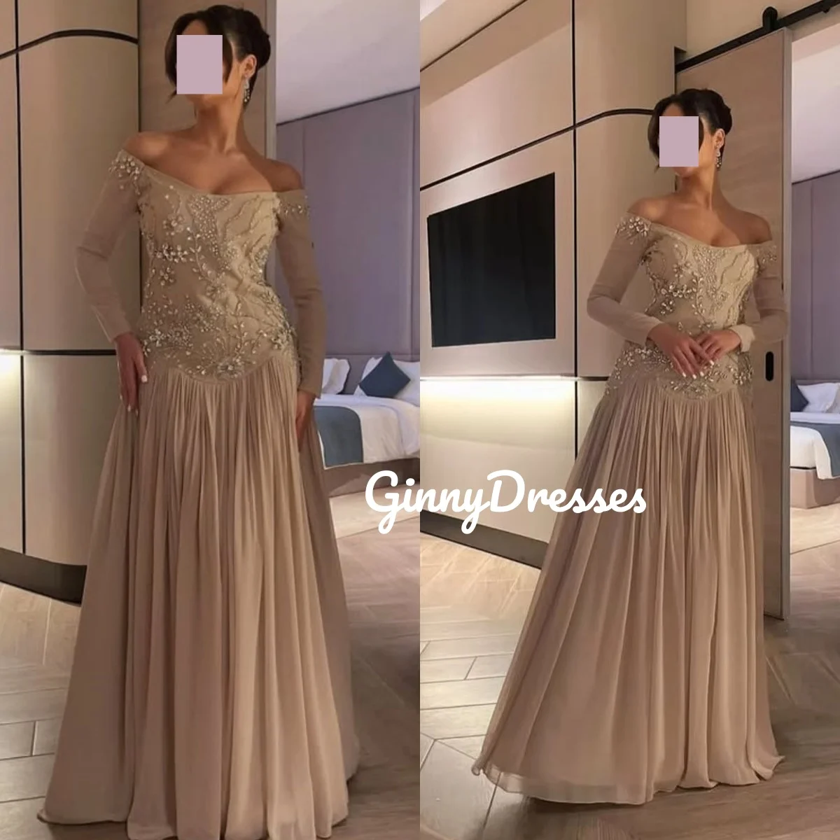 فساتين للحفلات الراقصة على شكل حرف a مخصصة خارج الكتف بطول الأرض مطرز فساتين سهرة فاخرة بأكمام طويلة Vestidos De Fiesta Zi #1